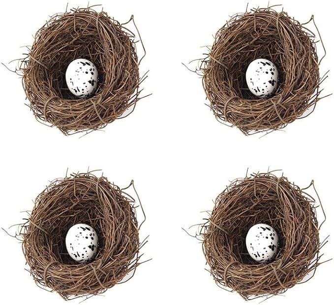 Artificial Birds Nest,4 Set Handmade Natural Easter Fake Birds Nest Rattan Bird Nests Decoration Simulation Bird Nest for Wedding Home Garden Party Decor,6cm with 1PCS Egg Ornament
