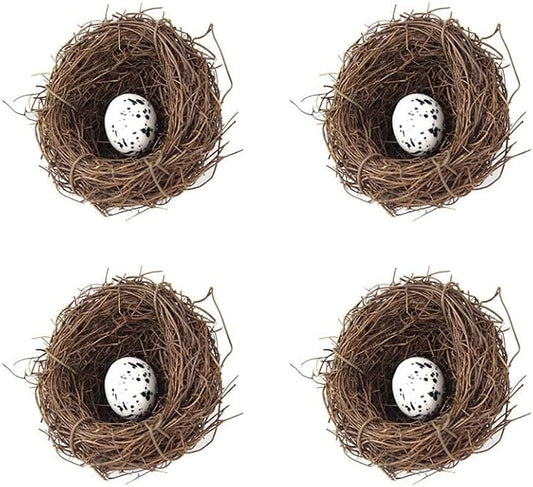 Artificial Birds Nest,4 Set Handmade Natural Easter Fake Birds Nest Rattan Bird Nests Decoration Simulation Bird Nest for Wedding Home Garden Party Decor,6cm with 1PCS Egg Ornament