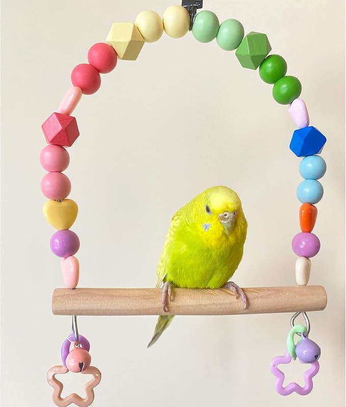 Wooden Bird Swing for Cockatiels Parrot Perch Hanging Toys Parakeets Birdcage Stands Cage Playground Play Gyms Accessories Colorful Bead Bell Climbing Toy for Lovebirds Conures Budgies