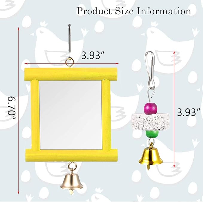 2Pcs Chicken Mirror Toys for Hens Hanging Swing Mirror Toys with Bells and Beak Grinding Molar Stones for Roosters Hens Birds Parrots (Yellow and Red)