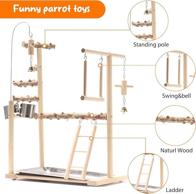 Parrot Bird Playground,Bird Play Gym Wood Perch Stand with Feeder Cups & Tray,Exercise Activity Center with Ladder Swing Bells,Bird Cage Accessories for Lovebirds Cockatiel Parakeet