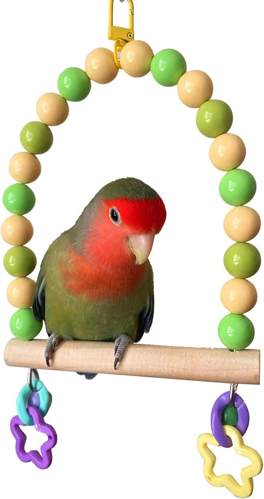 Wooden Bird Cage Swing Perch for Parakeets,Small Parrots Swings Stands with Green Yellow Acrylic Beads Bells, Birdcage Playground Gym Accessories Hanging Climbing Toy for Lovebirds Budgies