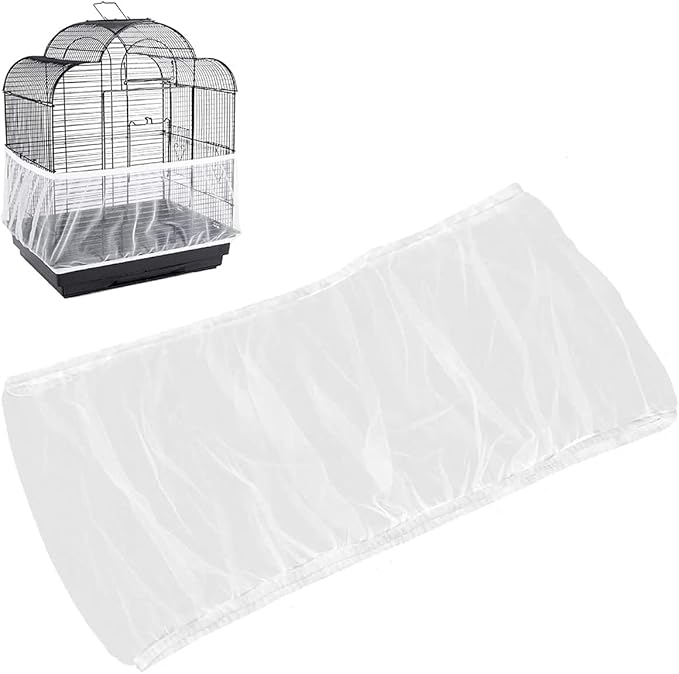 Universal Bird Cage Seed Catcher,Seed Catcher Guard Net Cover,Parrot Nylon Mesh Net Cover,Soft Airy Cage Net Stretchy Skirt for Round Square Cages (Circumference 74 inch to 118 inch，White)