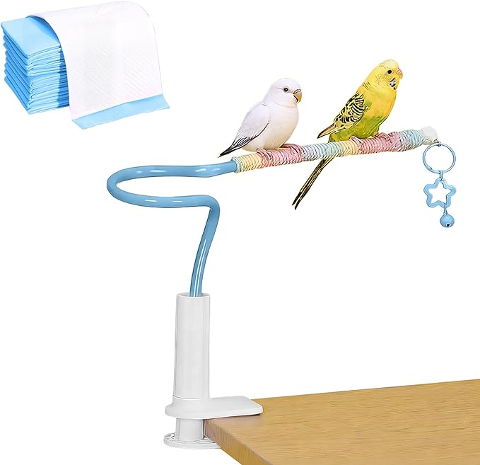 DKE&YMQ Bird Perch Stand with Pet Pad Set - Flexible Desktop Playground & Accessories for Parrots, Parakeets, Cockatiels, and Conures (Blue Medium)