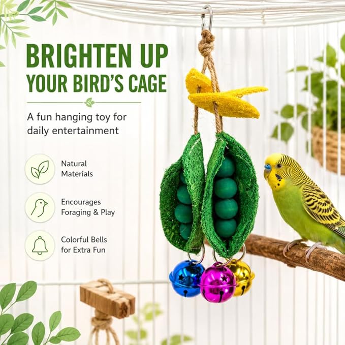 Loofah Bird Toy for Parakeets, Triple Pea Pod Hanging Bird Chew Toy with Wooden Beads & Colorful Bells, Bird Cage Accessories for Budgies, Cockatiels, Lovebirds, Conures