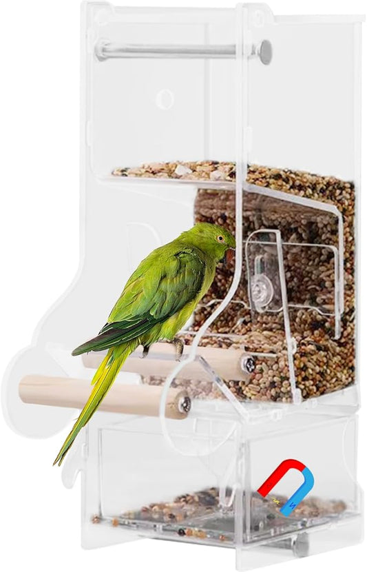 La La Pet®No Mess Automatic Bird Feeder for Cage Acrylic Bird Food Container Adjustable Bird Cage Feeder with Perch Parrot Feeding Station for Small Birds, Transparent