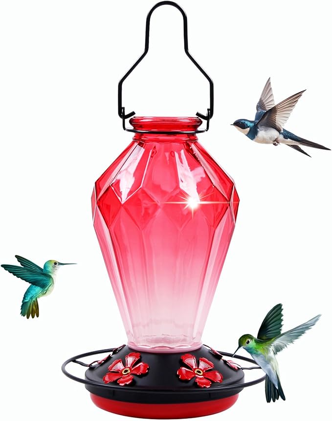 MCHBF Glass Humming Bird Feeders for Outdoor Hanging,Red 24oz and 25oz