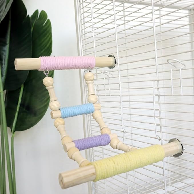 4-Step Colorful Bird Ladder Perch with Screws for Parakeets Cockatiels Lovebirds — Natural Wood & Cotton Rope Climbing Toy for Bird Cage (Screw-Mounted)