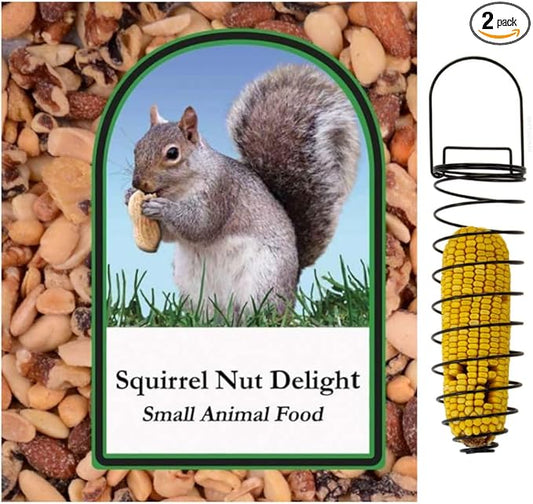 Volkman Seed Small Animal Squirrel Delight All Nut Mix Healthy Diet Food 4lbs with Corn Cob Holder Squirrel Feeder (Squirrel Delight 4lb)