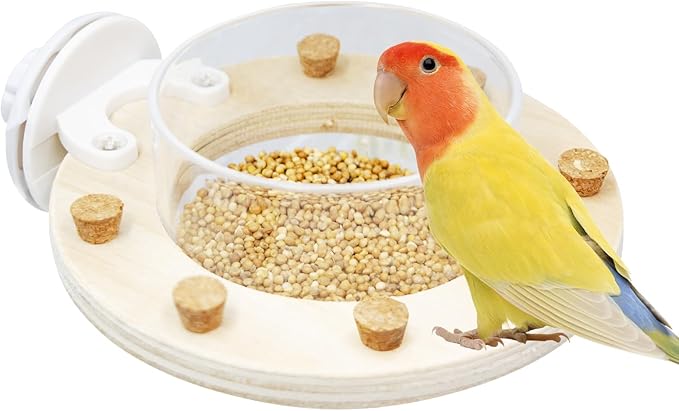 Bird Cage Accessories, Transparent Acrylic Feeding Bowl with Wooden Frame & Chewable Cork, Bird Cage Feeder for Budgies, Cockatiels, Lovebirds, Canary and Other Small Birds