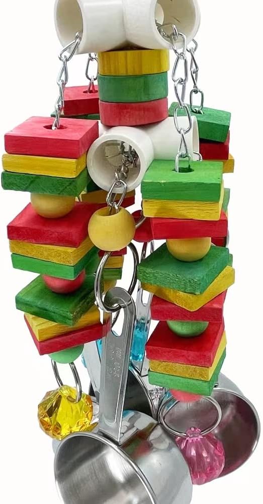 Large Parrot Toy, Multicolored Natural Wooden Strings and Stainless Steel Cups Bird Chewing Toys for Medium and Large Parrot Macaws African Grey Cockatoos Eclectus