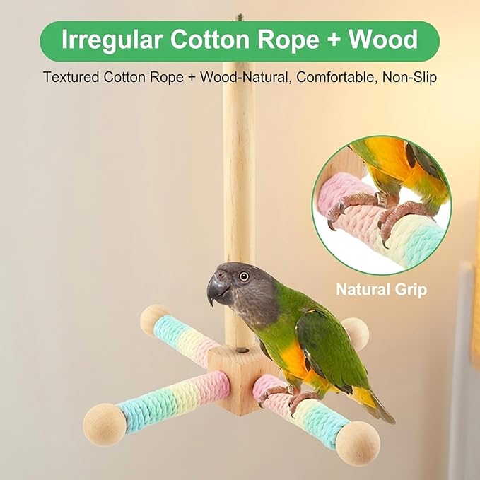 Hanging Bird Perch Toy, Parrot Interactive Rotating Perch, 360°Silent Free-Spin, Wooden Bird Cage Accessories for Standing, Climbing and Perching