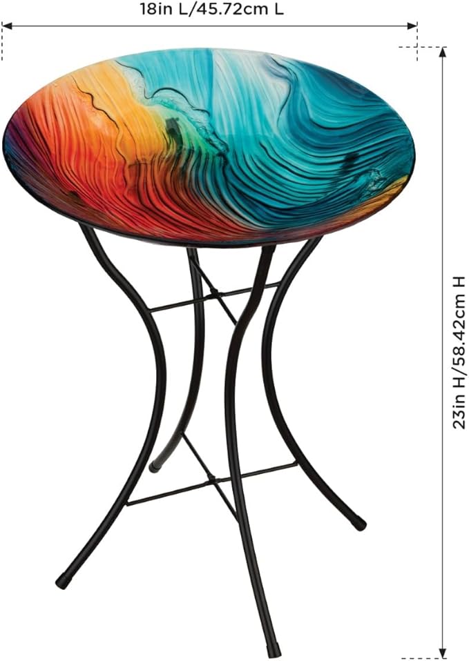 Regal Art & Gift Bird Bath with Stand - Durable Glass Bowl with Heavy-Duty Metal Stand, Easy to Fill, Ideal for Patio, Porch & Garden Décor - Swirl Multi