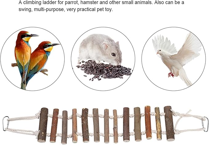 Bird Cage Ladder, 24 x 3.9in Bird Bridge, Wooden Rope Ladder Bird Toy with Metal Hooks for Budgie, Lovebirds, Cockatoo and Other Small Sized Animals