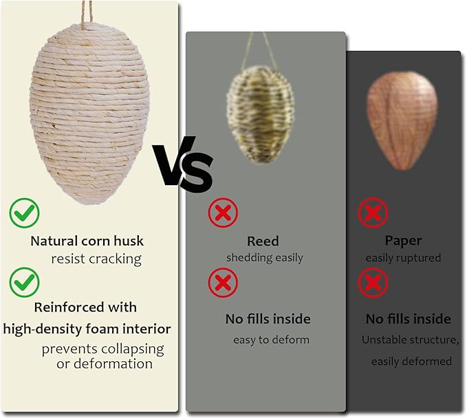 Brownlily 2 Pack Woven Corn Husk Wasp Nest - Sturdy Foam Core Holds Shape, Waterproof Hanging Hornet Deterrent for Patio, Garden, Porch - Rope Woven