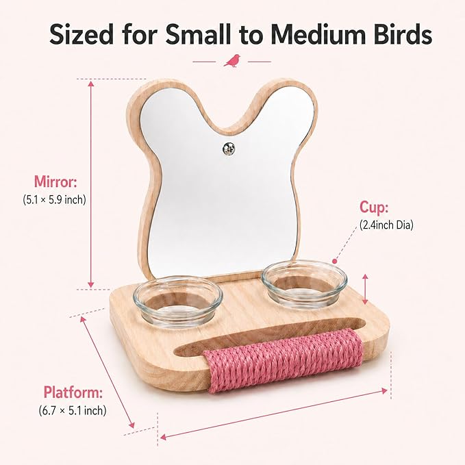 Bird Mirror with Perch and Feeder, Wooden Birds Toys Bird Cage Accessories for Parrots to Expend Energy, Interactive Toys for Greys Amazons Parakeet Cockatiel Conure Lovebirds Finch Canaries