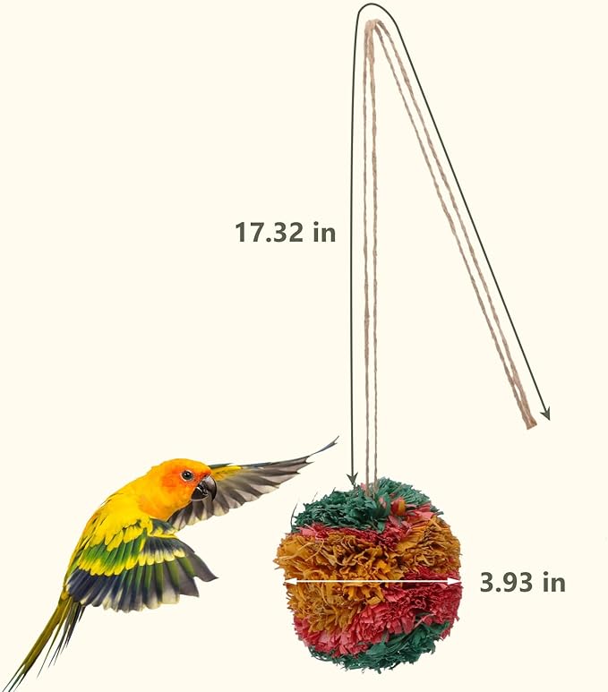 Hypeety 4” Colorful Shredding Ball Bird Toys for Parrots Funny Crinkles Foraging Toys for Birds Easy to Hang Natural Shredder Ball Chew Toys for Cockatiels Conures Parakeets Budgies (2 Packs)