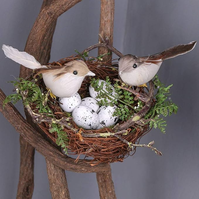 Artificial Bird Nest with Eggs Birds Faux Natural Rattan Twig Bird Nest House Ornament Photo Props for Decoration