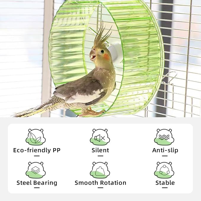 Bird Wheel Toy, Silent Parrot Exercise Wheel Interactive Rotating Toy for Small Medium Birds - Parakeets Cockatiels Conures Lovebirds Finches - Bird Cage Enrichment Accessory (S (6.7''D),Grey)