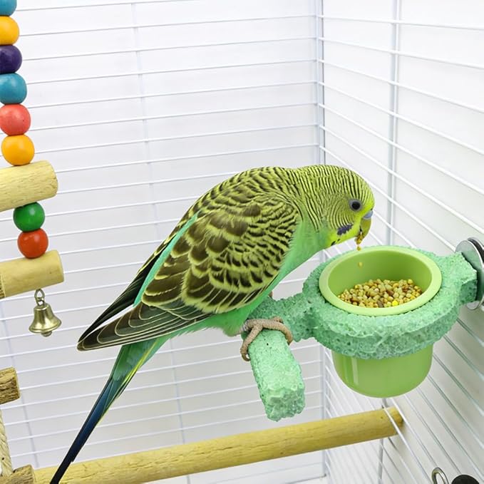 Bird Cage Feeder with Perch Stand Resin Food & Water Cup Holder for Parakeets Cockatiels Lovebirds Finches Small Birds (Green)