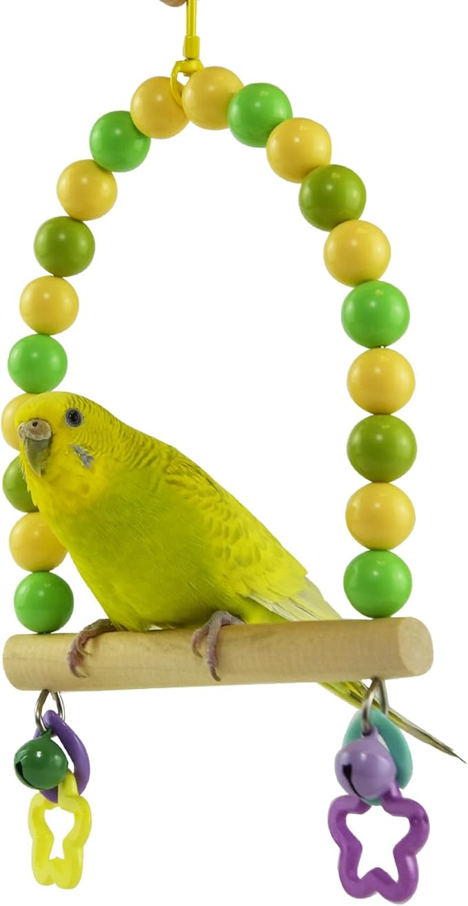 Wooden Bird Cage Swing Perch for Parakeets,Small Parrots Swings Stands with Green Yellow Acrylic Beads Bells, Birdcage Playground Gym Accessories Hanging Climbing Toy for Lovebirds Budgies