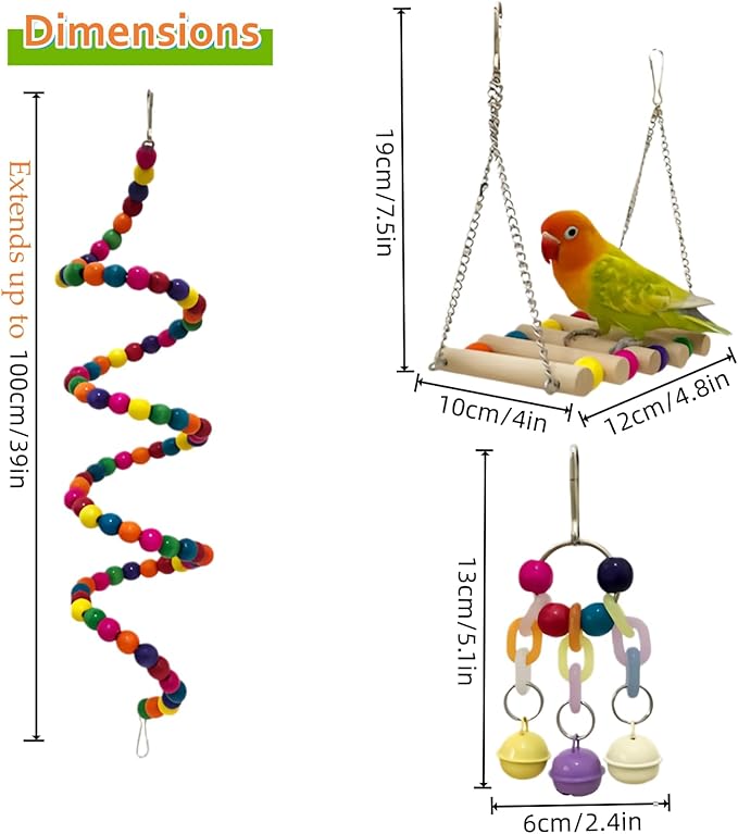 7 Packs Bird Toys for Parakeets, Colorful Parrot Toys with Swings, Bells, Beads, and Perches, Natural Wood Bird Cage Toys for Cockatiels, Lovebirds, Budgies, Conures, and Small Birds