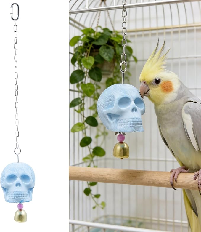 Skull Bird Toy - Natural Calcium Mineral Beak Grinder with Jingle Bell - Small Bird Cage Accessory for Parakeets, Budgies, Cockatiels, Lovebirds, Finches