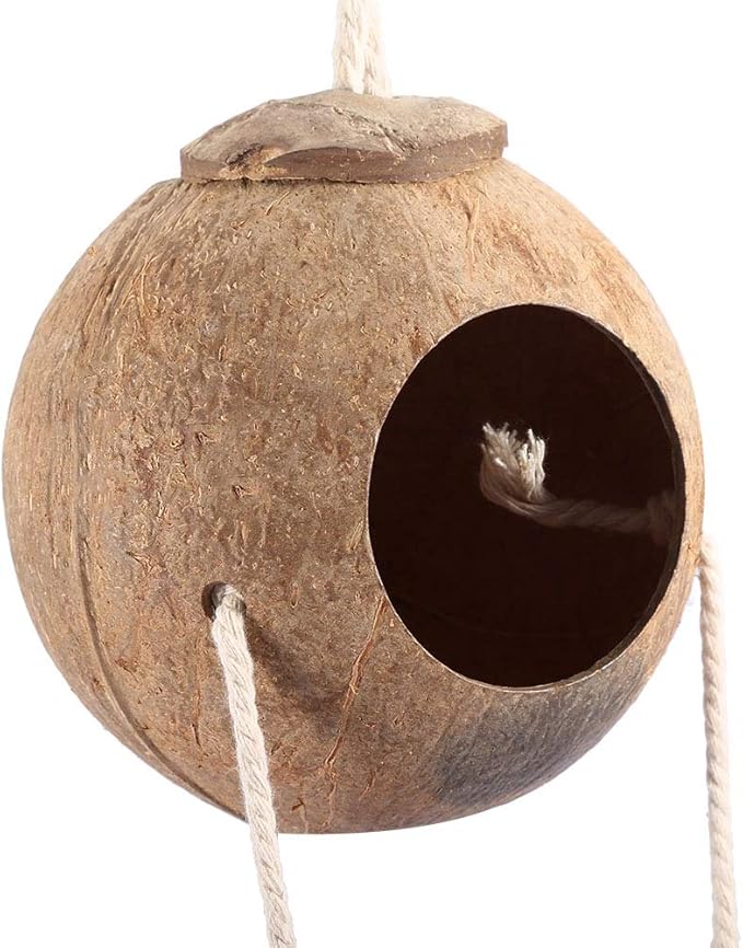 TOPINCN Coconut Shell Bird House with Rope Ladder, 24 Inch Height, Parrot Nesting Box for Climbing and Playing
