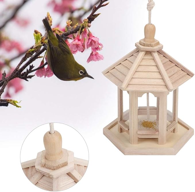 Bird Feeder for Outdoor, 24.5×20×20cm Wooden Hanging Birdfeeder Building Kits Birds Nests Ornaments Feeder Food Container with Hang Rope