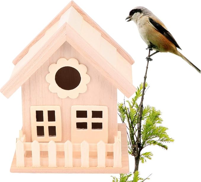 Milisten Wooden Bird Nest Ornament with Double Window Wide Entrance Unfinished DIY Painting Craft Bird House for Outdoor Garden Small Birds Bed Hut 6.88X5.51X5.11In