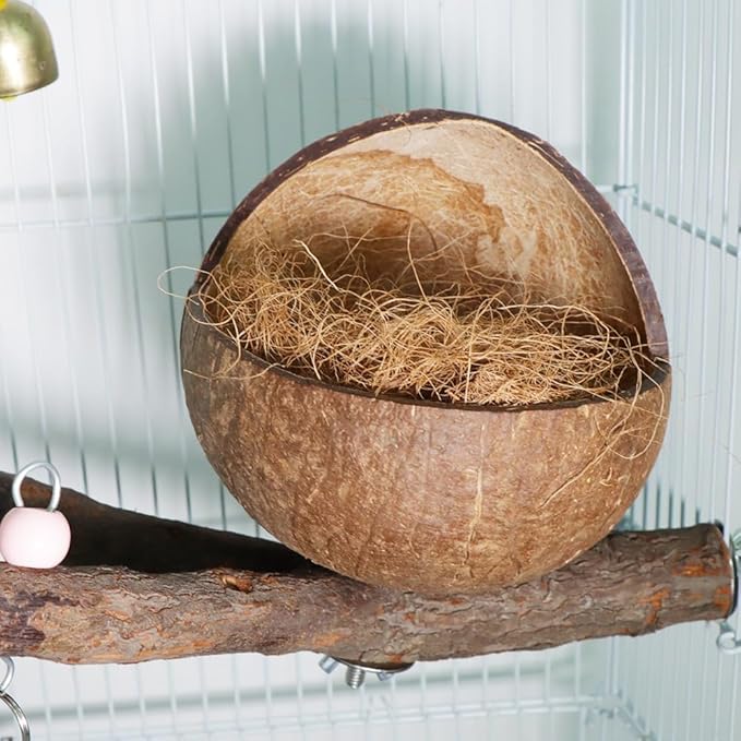 VTurboWay Natural Coconut Shell Bird Nest with Coconut Mat Breeding House Hut Cage with Perch Bell Home for Small Bird Parrot Cockatiel Conure Lovebird Canary Finch