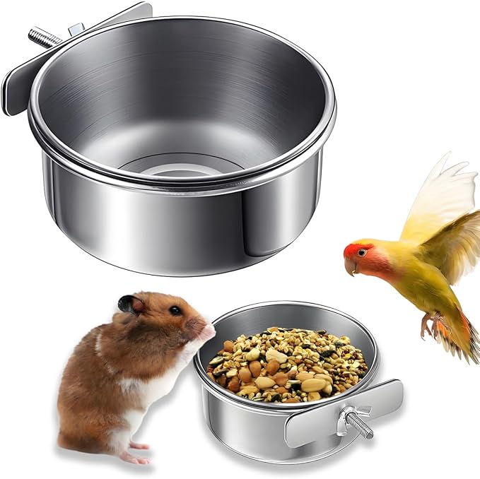 Parrot Feeding Cups Stainless Steel Bird Cage Feeder & Water Bowl - Chew-Proof Food Bowls with Clamp Holder for Parrot, Cockatiel, Conure, Budgie, Macaw, and Small Animals (M - 1Pc)