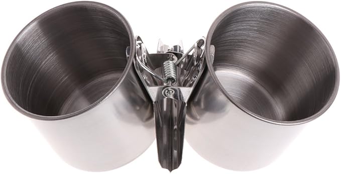 Youngy Food Water Feeding Bird Double Cups with Clip Stainless Steel Parrot Cage Stand - L