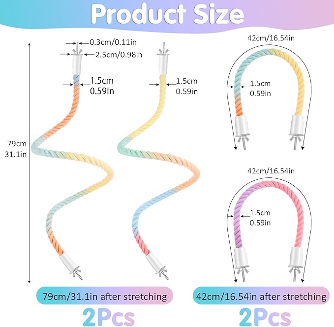 4 Pcs Bird Cage Rope, 31.1” & 16.54” Bird Perches for Cage, Used as Bendable Climbing Ropes for Parrots, Parakeets, Cockatiels, Lovebirds, Budgies, Interactive Birds Cages Accessories