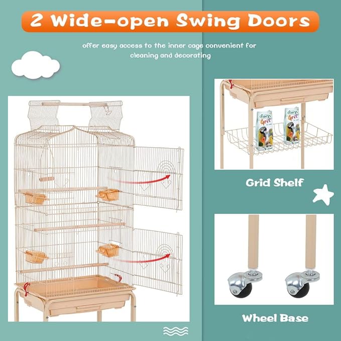 BestPet 64 inch Wrought Iron Bird Cage for Parakeets Medium Small Parrots Parakeet Cage with Detachable Rolling Stand & Play Open Top for Cockatiels Lovebird Finches Canaries (Almond)