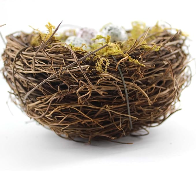 Artificial Birds Nest, 4PCS Crafts Handmade Natural Easter Birds Nest Rattan Birds Nest for Garden Yard Home Party Easter Decor Contains 12 Artificial Bird Eggs&4 Packs of Moss