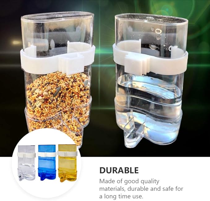 12Pcs Automatic Bird Feeder Plastic Parrot Fruit Vegetable Holder Bird Clear Food Water Container Perch Cage Accessories for Wild Birds Cockatiel Parakeet Blue Yellow
