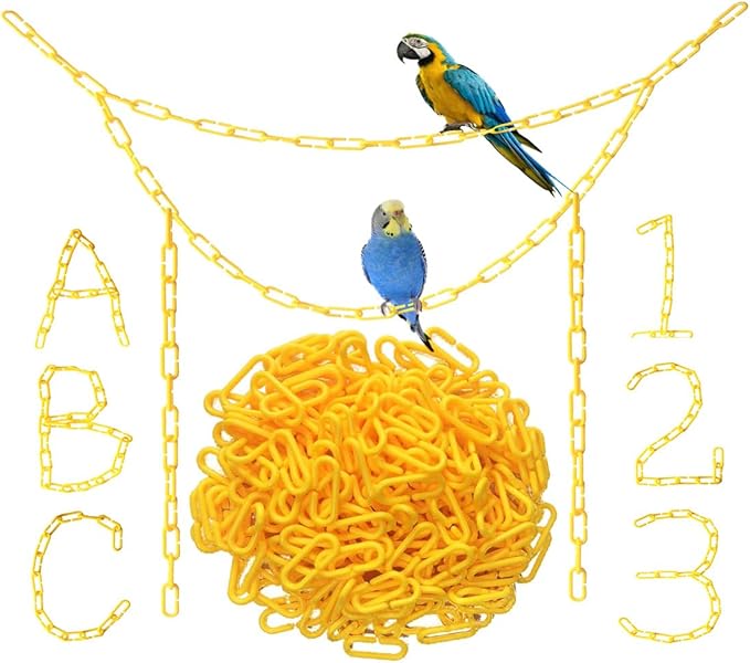 200-Piece Yellow Plastic Chain Links & Toys - Interlocking C-Clip Bird Cage Accessories for Parakeets, Sugar Gliders, Small Pets (Climbing/Swinging Toys)