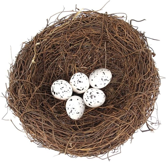 Artificial Birds Nest,4 Set Handmade Natural Easter Fake Birds Nest Rattan Bird Nests Decoration Simulation Bird Nest for Wedding Home Garden Party Decor,15cm with 5PCS Egg Ornaments