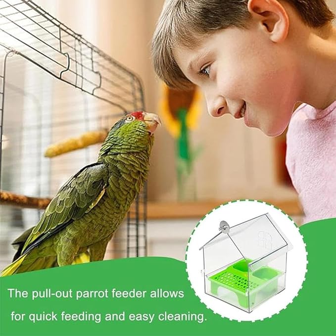 Pull-Out External Parrot Feeder, Parrot Feeder, Hanging Wild Bird Seed with Squirrel Proof Tray, Bird House, Decorative Clear Bird Bath Tub Easy to Fill, Clean for Finch and Hummingbird