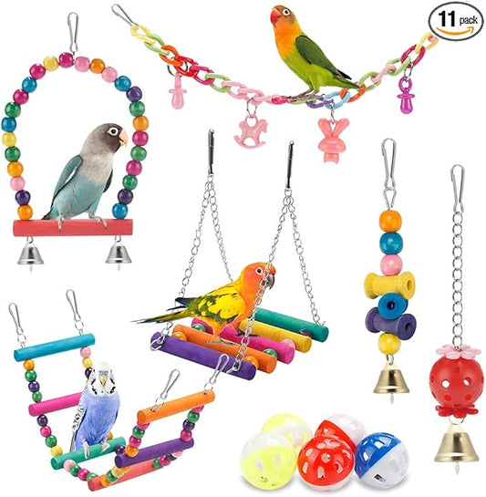 Bird Parakeet Toys - Swing Hanging Standing Chewing Hammock Climbing Ladder Bird Cage Colorful Toys Suitable for Budgerigar, Parakeet, Conure, Cockatiel, Mynah, Love Birds, Finches
