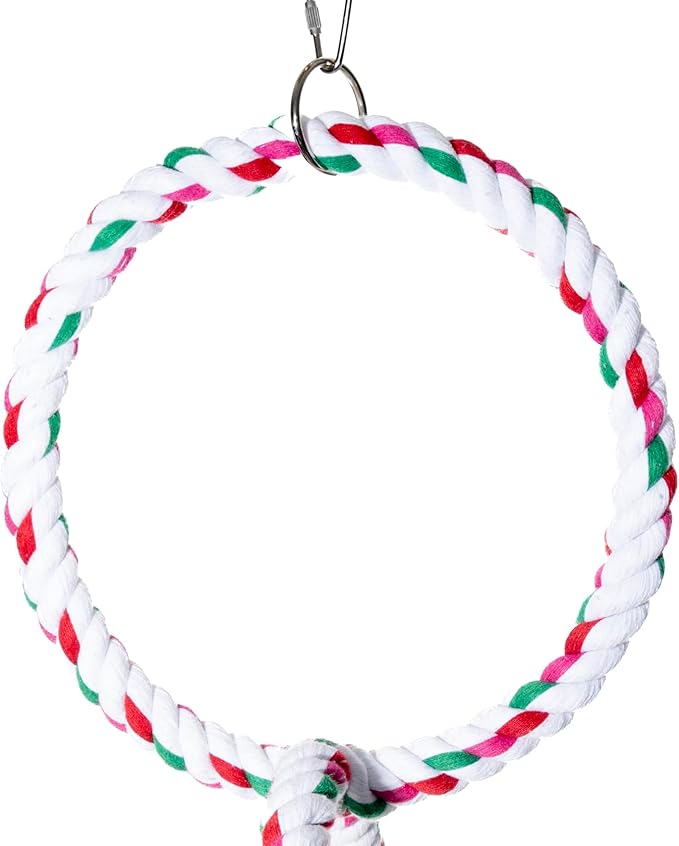 Double Hoop Bird Swing - Cotton Rope Hanging Perch Rings, Climbing Swing & Toy for Parrots, Budgies, Parakeets, Cockatiels, Conures - Large Bird Swing Toy & Cage Accessory
