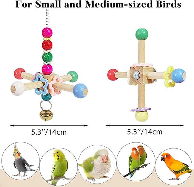 2pcs Bird Spinner Toys for Parrots with Bells, Natural Wood Parakeet Toys for Cage, Bird Cage Accessories Chewing Hanging for Small and Medium Birds, Cockatiel, Conure, Lovebird, Budgie, Quaker
