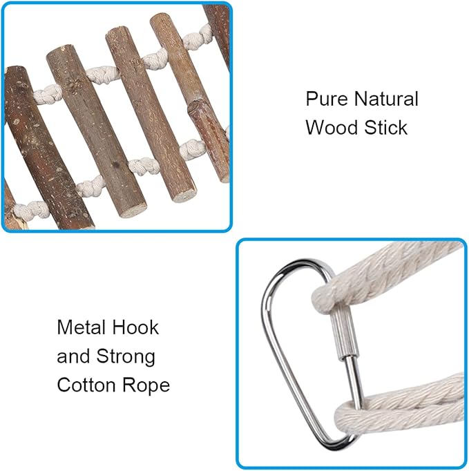 Bird Cage Ladder, 24 x 3.9in Bird Bridge, Wooden Rope Ladder Bird Toy with Metal Hooks for Budgie, Lovebirds, Cockatoo and Other Small Sized Animals