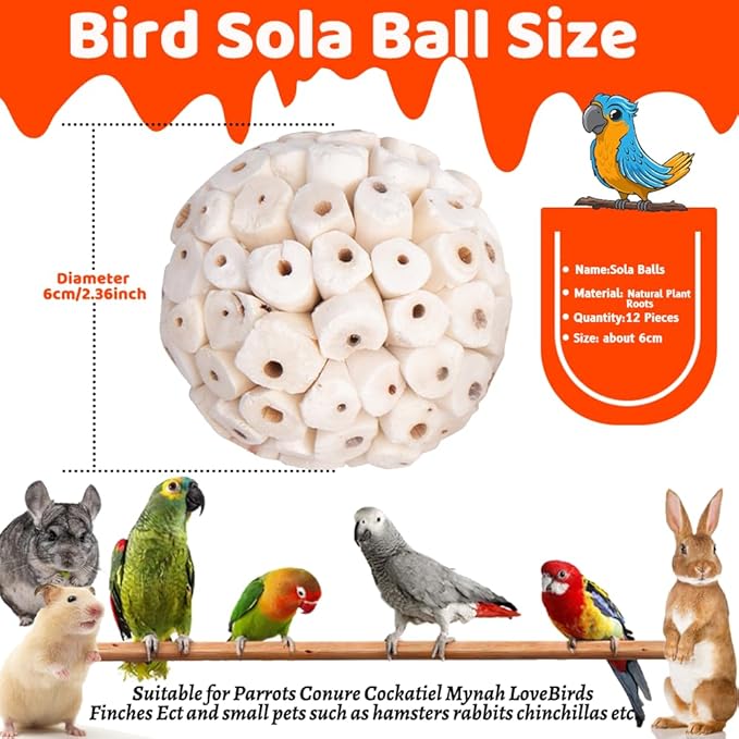 12 Pack Bird Toy Sola Balls, Natural Parrot Soft Chew Shredding & Foraging Toy, Bird Foot Balls for Cockatiel Conure Quaker Budgie Parakeet Bunny Guinea Pig Chinchilla Rabbit