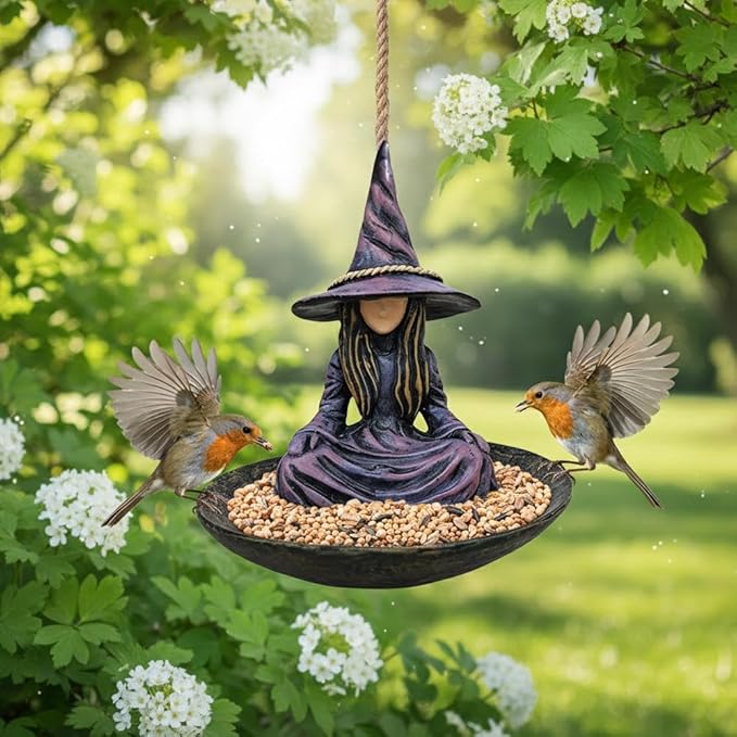 Meditating Witch Garden Bird Feeder,Creative Purple Resin Witch Hat Hanging Feeder,Witchs Garden Bird Feeders for Outdoors,Resin Birdfeeder Statue with Rope Hanger for Patio Backyard Lawn GardenDecor