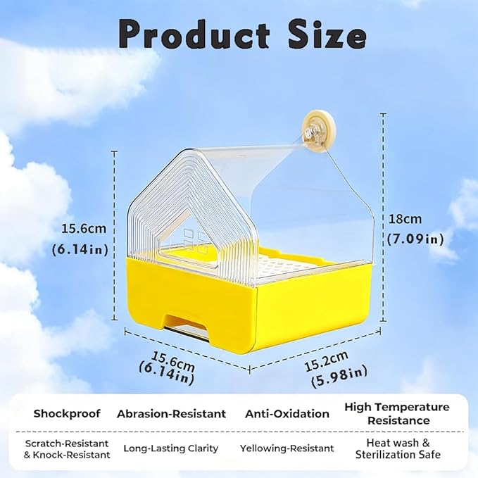 4-in-1 Bird Bath & Feeder for Cage | Easy-Clean Pull-Out Drawer, Leakproof & Transparent Pool | Hanging House & Poop Perch | Parakeets, Lovebirds, Finches