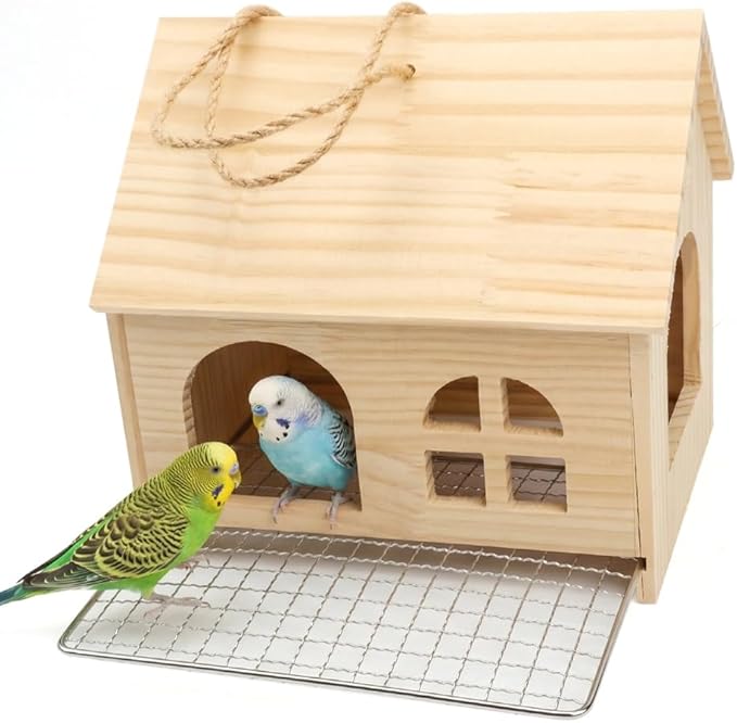 DQITJ Bird Cage Nesting Box Wooden Breeding Nest with Stainless Steel Bottom Mesh for Parrot Budgie Conure Lovebird Finch Parakeet Cockatiel Small Bird