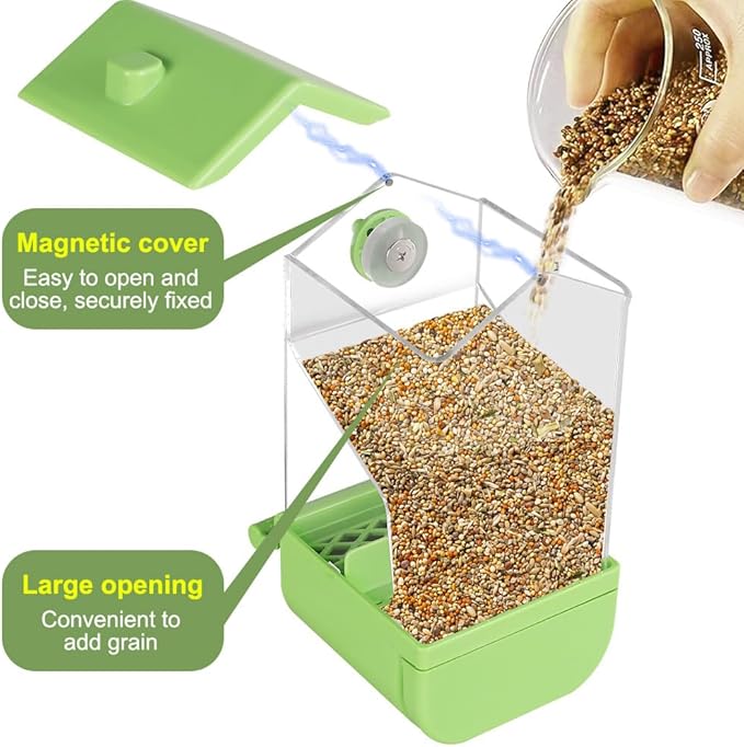 Automatic Bird Feeder with Perch, No Mess Transparent Parrot Food Dispenser for Small Medium Birds Parrots, Finches, Lovebirds, Canaries