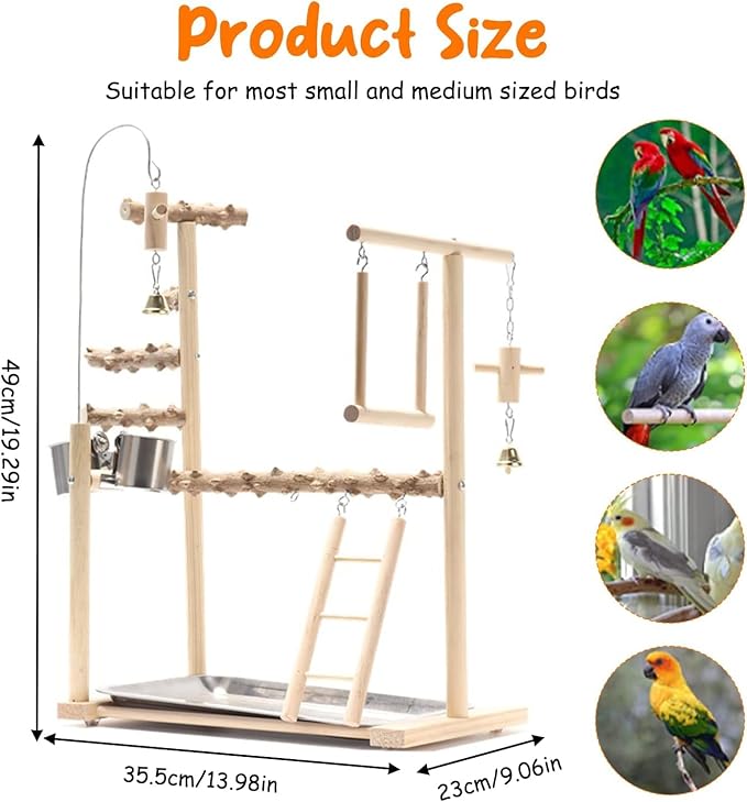 Parrot Bird Playground,Bird Play Gym Wood Perch Stand with Feeder Cups & Tray,Exercise Activity Center with Ladder Swing Bells,Bird Cage Accessories for Lovebirds Cockatiel Parakeet